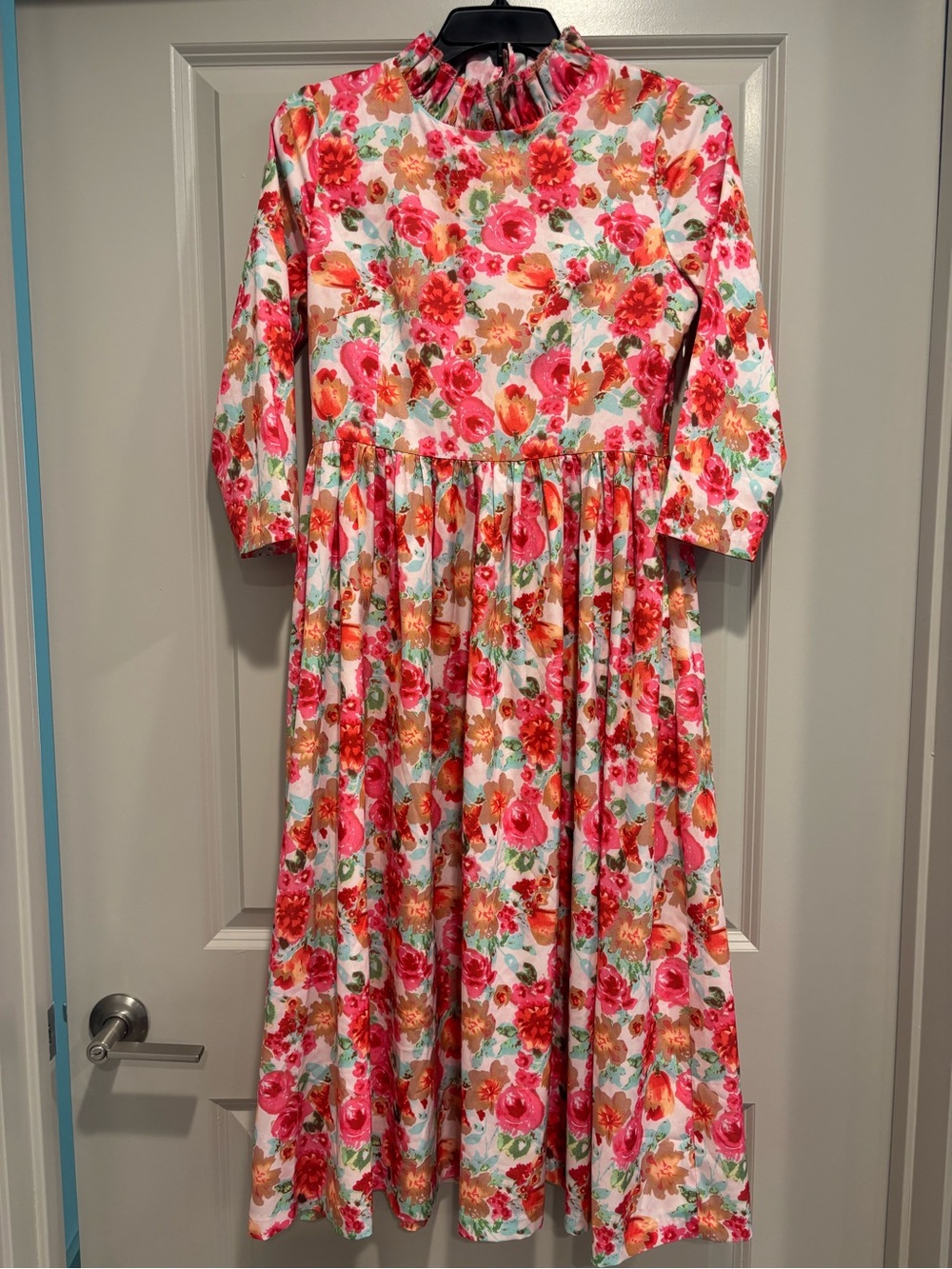 Dainty Jewells Floral Flowy 3/4-Sleeve Ruffle Neck Midi Dress - Pink Multi S - Picture 2 of 10